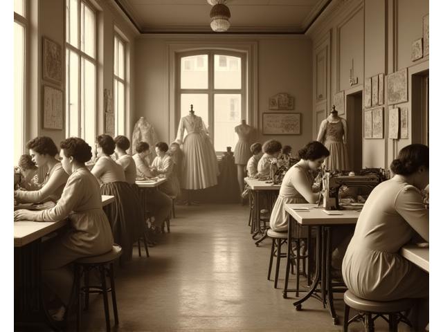 Photo d'archives de l'atelier de haute couture avec des mannequins et des designers.
