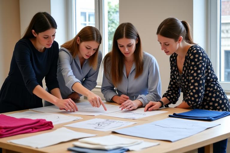 Une équipe de designers examinant des patrons et des échantillons lors d'une réunion de développement de collection