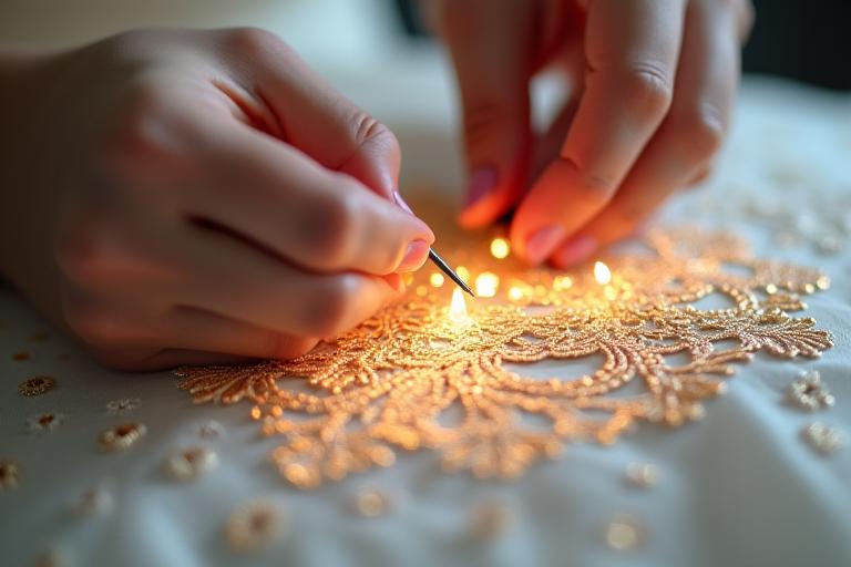 Création d'une robe de haute couture, détail de broderie à la main sur un tissu délicat