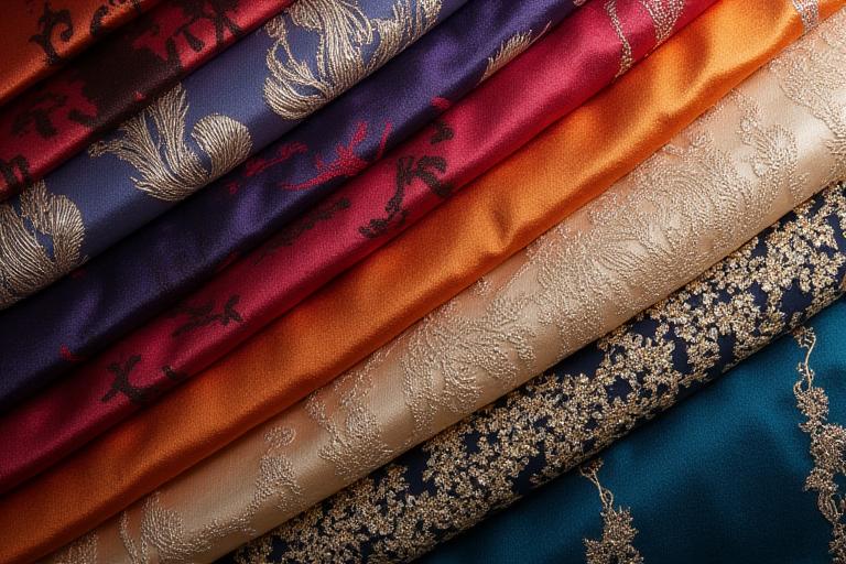 Échantillons de tissus luxueux de différentes textures et couleurs disposés élégamment